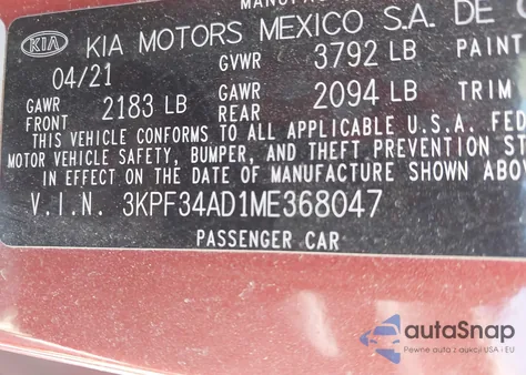 2021 Kia Forte Gt-Line from USA, damaged, VIN 3KPF34AD1ME368047
